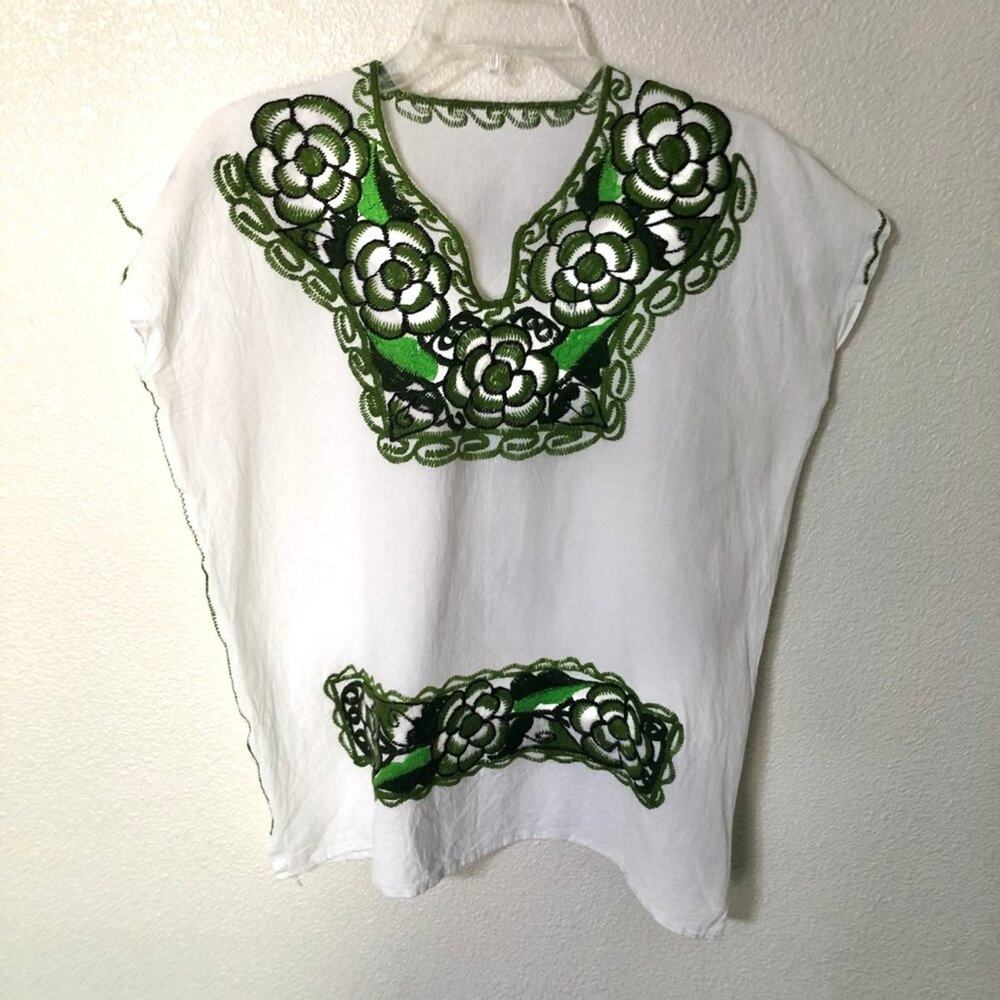 Floral Green Embroidered Boho Top Medium